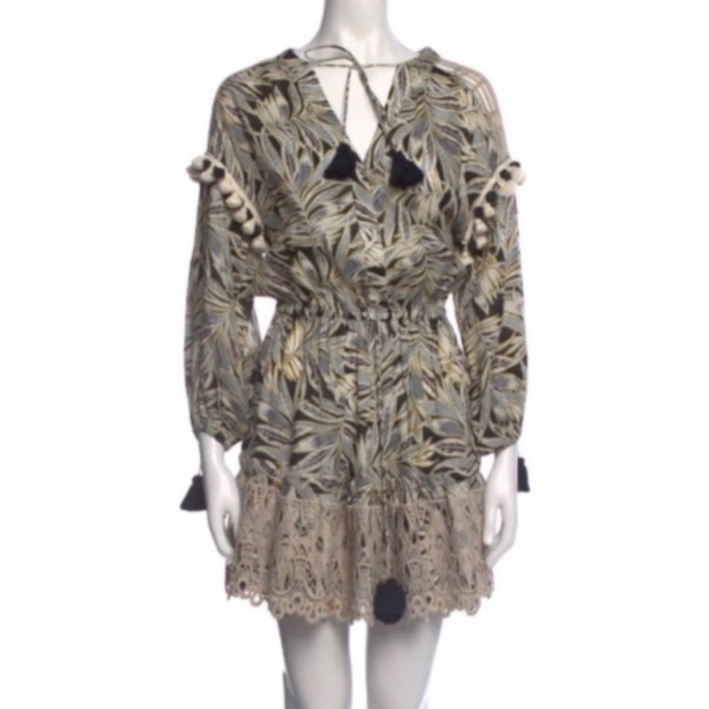 Alexis Medium Tassel Trim Palm Print Bohemian Festival Resort Persia Mini Dress